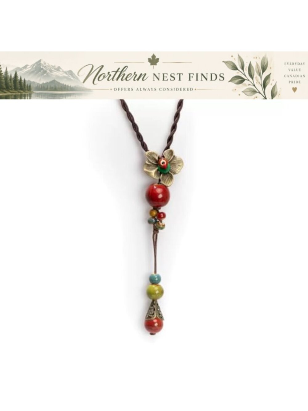 Handmade Ceramic Flower Pendant Necklace Boho Adjustable Cord Women's